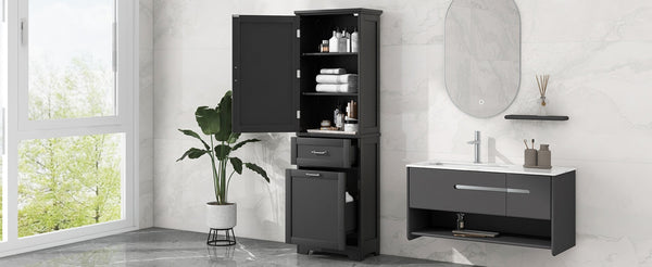 English Elm Tall Bathroom Storage Cabinet - Freestanding, Adjustable Shelf & Dual Drawer Design In Matte Black Finish N725P206895B-GIGA