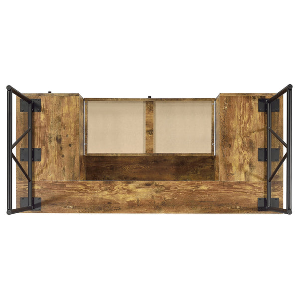 English Elm 1pc Rustic Industrial 63-inch 4-Drawer Writing Desk with Open Shelf, Wood Grain Top and Black Metal Legs Nutmeg Brown 74.21 L x 32.28 W x 6.5 H B011P362072