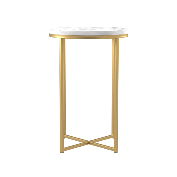 English Elm Walker Edison - Modern Glam X-Leg Round Side Table with Faux White Marble Top and Gold Metal Frame, Chic Accent B185P326693
