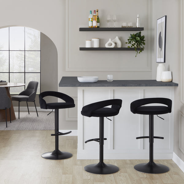 English Elm Adjustable Velvet Swivel Barstools with Matte Black Base for Kitchen or Home Bar Set of 3 B202S02051