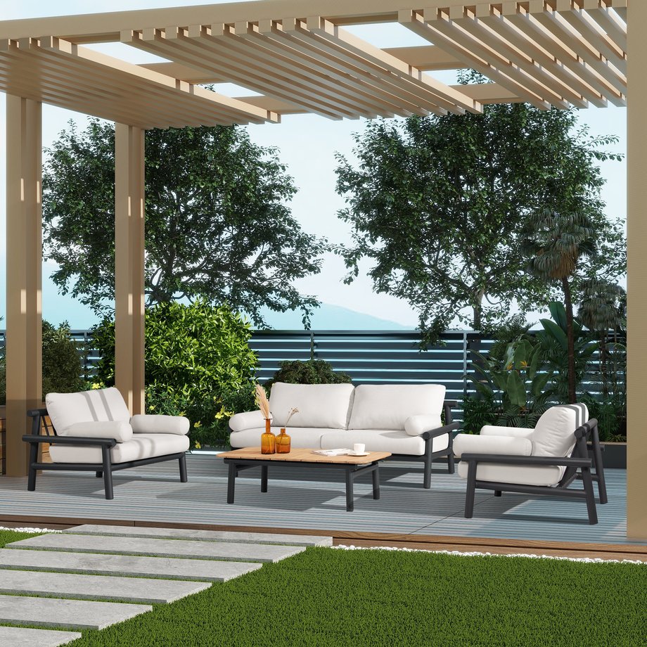 English Elm Jennifer Taylor Home - Zara Midcentury 39.5" Dowel Frame Bolster Outdoor Armchair — Wheat Beige Olefin, Weatherproof Comfort B2719P245978