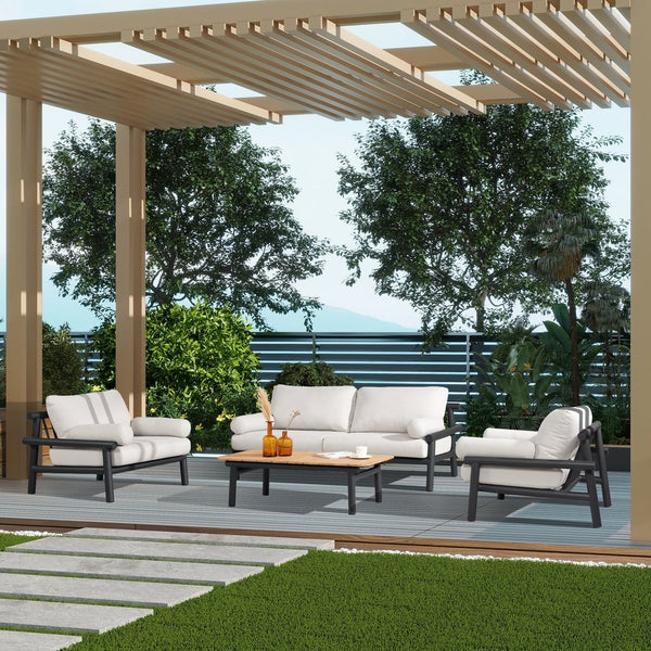 English Elm Jennifer Taylor Home - Zara Midcentury 39.5" Dowel Frame Bolster Outdoor Armchair — Wheat Beige Olefin, Weatherproof Comfort B2719P245978