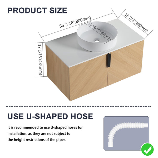 English Elm 36" Modern Wall-Mounted Bathroom Vanity With Ceramic Vessel Sink & Soft-Close Doors For Stylish Space W999S00448