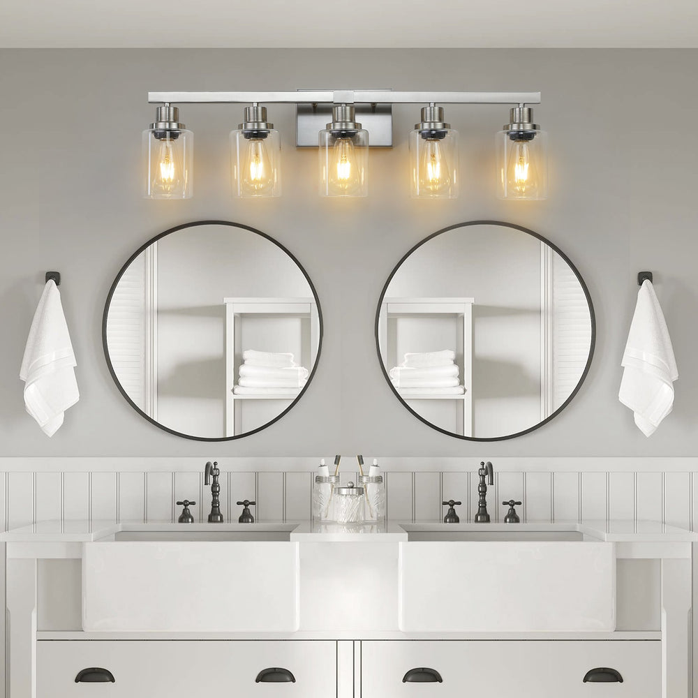 English Elm 31" Modern 5-Light Bathroom Vanity Fixture - Brushed Nickel With Glass Shades For Stylish Lighting W2312P374796