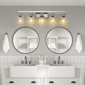 English Elm 31" Modern 5-Light Bathroom Vanity Fixture - Brushed Nickel With Glass Shades For Stylish Lighting W2312P374796