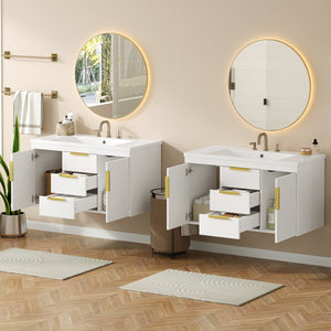 English Elm 72'' Wall Mounted Bathroom Vanity with 4 Drawers & Double Cabinets, Waterproof MDF, Smooth Slide Rails White N710SS00009K