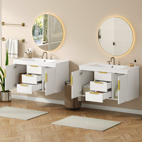 English Elm 72'' Wall Mounted Bathroom Vanity with 4 Drawers & Double Cabinets, Waterproof MDF, Smooth Slide Rails White N710SS00009K