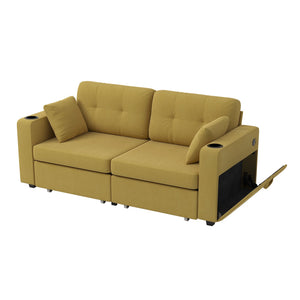 English Elm Sofas for Living Room Chenille Three Seat Couch with Usb Charging Storage and Cup Holder Mustard Yellow W395S00145