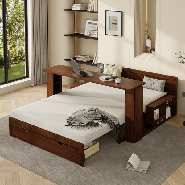 English Elm Full Size Daybed with Hydraulic Desk Armrests Storage Drawer and Sofa Seating Espresso LT000271AAP