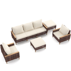English Elm High Back Rattan Outdoor Sofa Set 5 Piece 7 Seat Patio Furniture with Thick Cushions W2071S00009