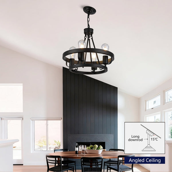 English Elm Four-light Wagon Wheel Pendant Matte Black Metal Industrial Plug-in Dining Fixture W2991P407027
