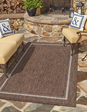 Unique Loom Outdoor Border Soft Border Machine Made Border Rug Brown, Ivory/Gray 8' 0" x 11' 4"