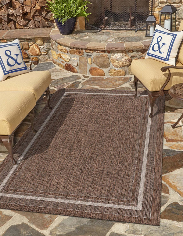 Unique Loom Outdoor Border Soft Border Machine Made Border Rug Brown, Ivory/Gray 8' 0" x 11' 4"