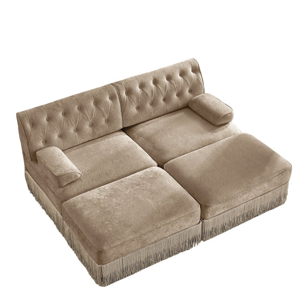 English Elm With Tufted Velvet Sectional Sofa Two Ottomans Tassel Skirt French Chesterfield Living Room Camel W714S01744