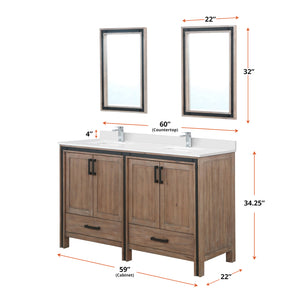 English Elm Rustic Barnwood Double Bath Vanity 60" W with White Quartz Top, Chrome Faucets, 22" Mirrors, Durable Finish B2731S01128