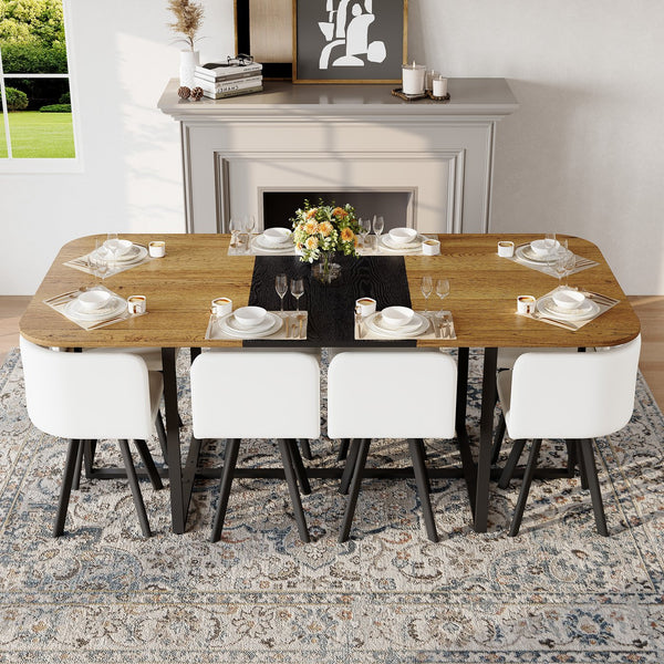 English Elm 9-piece Square Dining Set Two-tone Wood Tabletop with 8 White Pu Leather Chairs Modern W3875S00139