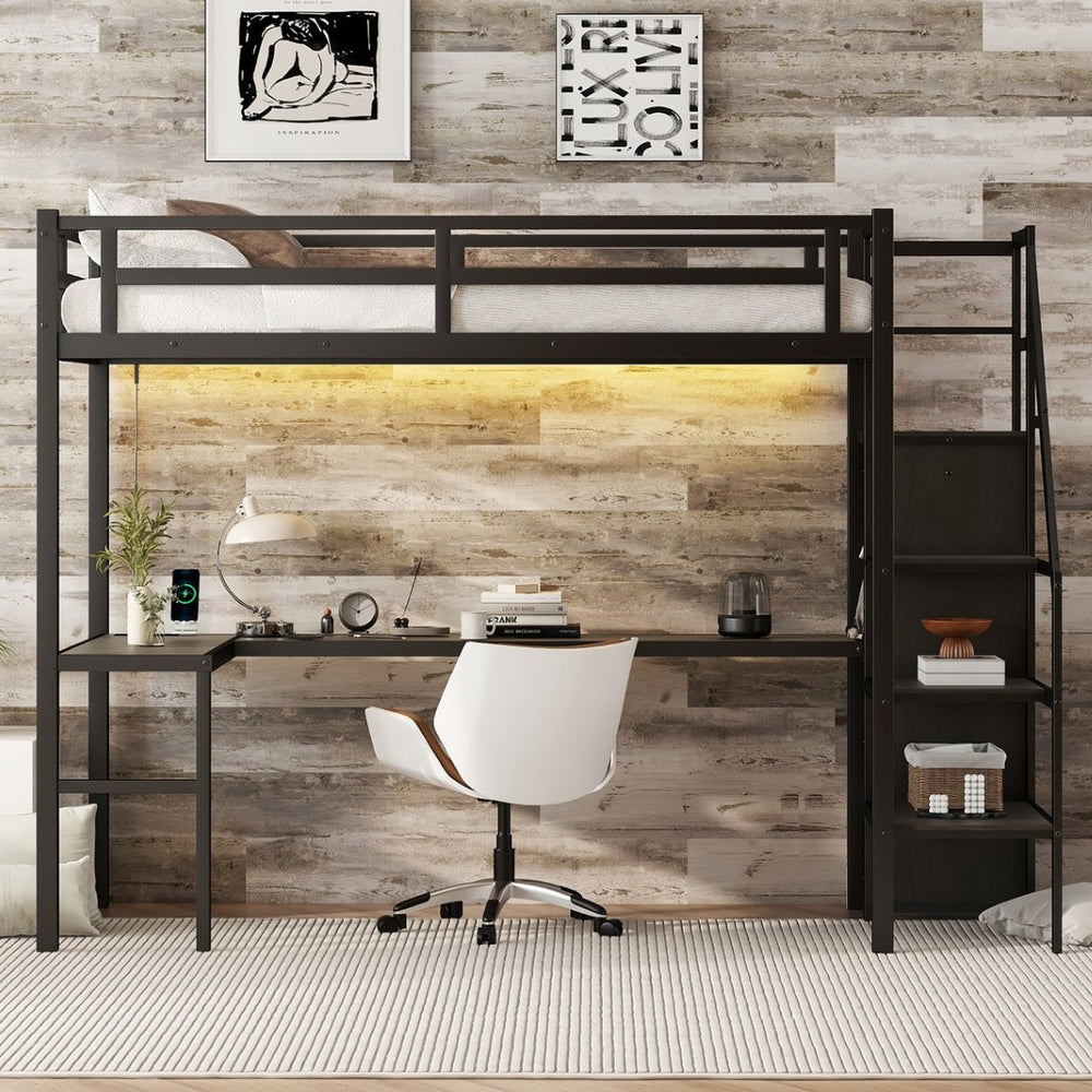 English Elm Twin Xl Metal Loft Bed With L-Shaped Desk & Usb Ports – Stylish Space-Saver For Teens & Adults! W1580S00041-GIGA