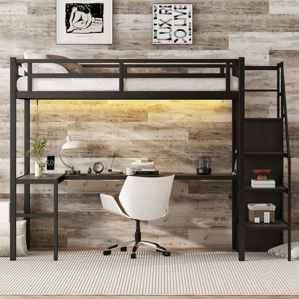 English Elm Twin Xl Metal Loft Bed With L-Shaped Desk & Usb Ports – Stylish Space-Saver For Teens & Adults! W1580S00041-GIGA