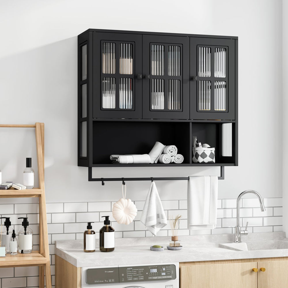 English Elm Bathroom Wall Cabinet with 3 Doors and Glass Panel, MDF Storage Cabinet with Towel Bar, Modern 35.6"L x 10.2"W x 32.5"H Black W757P329724