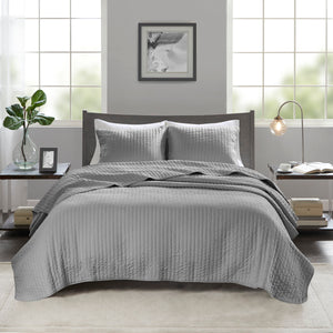 English Elm 3 Piece Quilt Set Keaton Reversible Brushed Microfiber Full/Queen with Antimicrobial Freshness and Cozy Channel Quilting Grey 15.35 L x 17.72 W x 7.87 H B035129039