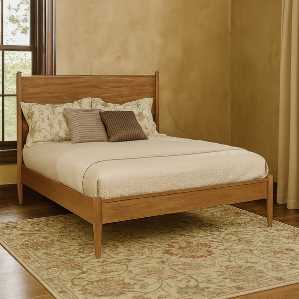 English Elm Mid-Century Full Size Wooden Platform Bed In Warm Oak Finish With Tall Supportive Headboard B016S00019