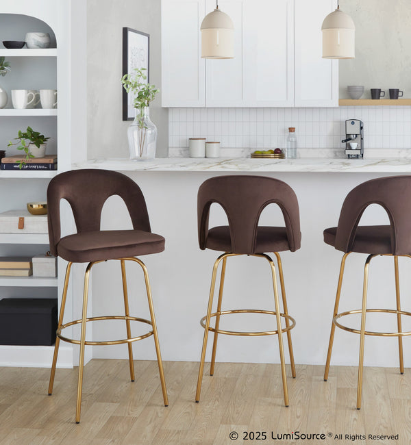 English Elm Fixed-height Swivel Barstools with Gold Footrest Black Frame White Upholstery Set Espresso B202S01882