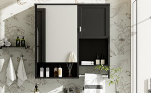 English Elm 29'' Modern Wall Mounted Medicine Cabinet with Mirror, Spacious Adjustable Shelves, Towel Bar and Durable MDF Finish Black N710P209440B
