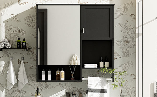 English Elm 29'' Modern Wall Mounted Medicine Cabinet with Mirror, Spacious Adjustable Shelves, Towel Bar and Durable MDF Finish Black N710P209440B