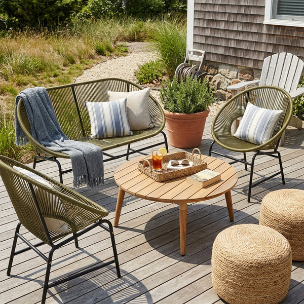 English Elm Nusa Outdoor Pe Rattan Conversation Set with Acacia Wood Coffee Table Patio Green,Natural NUSA4PCSET-GRN