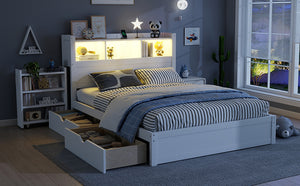 English Elm Twin Wood Storage Bed with Led Headboard Drawers and Pull Out Cabinet for Kids White W2593S00050