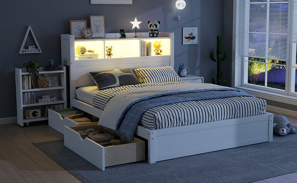English Elm Twin Wood Storage Bed with Led Headboard Drawers and Pull Out Cabinet for Kids White W2593S00050