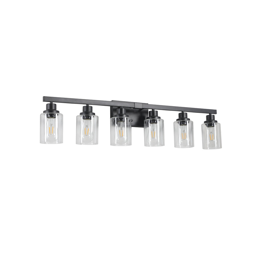 English Elm 37" Modern 6-Light Bathroom Vanity Light Fixture - Sleek Black Iron Frame With Clear Glass Shades W2312P374792