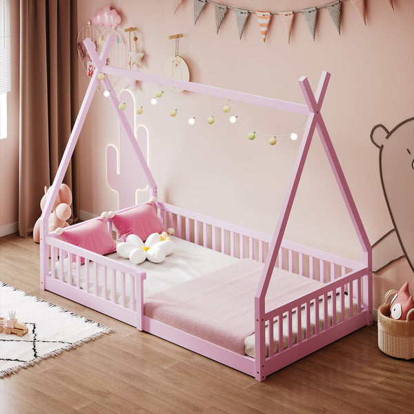 English Elm Twin House Bed with Roof and Fence for Kids – Sturdy Pine Frame, Vintage Wash Design, Safe Sleep Space Pink N709P183348H