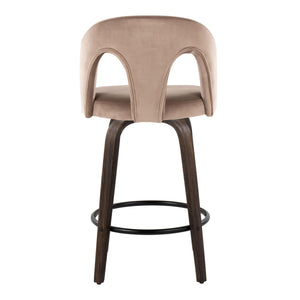 English Elm Fixed-height Swivel Counterstools Velvet Seat Walnut Bentwood Legs Set of Two B202S01794