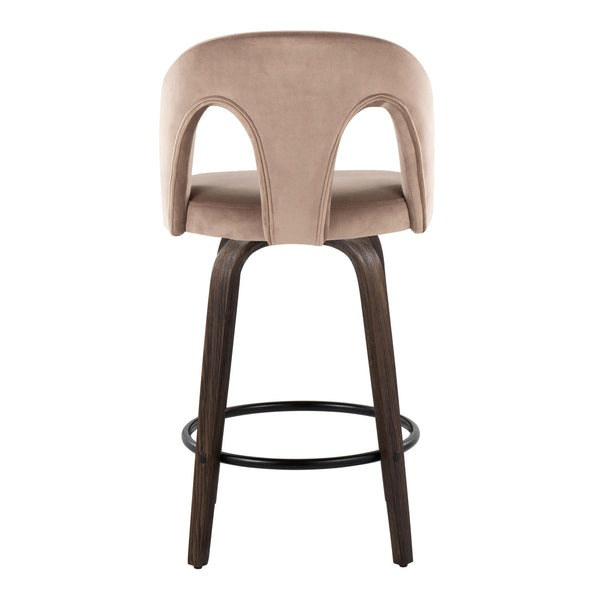 English Elm Fixed-height Swivel Counterstools Velvet Seat Walnut Bentwood Legs Set of Two B202S01794