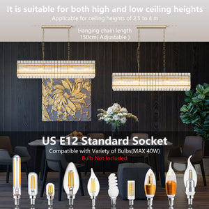 English Elm Modern Rectangular Crystal Glass Chandelier – 10-Light Gold Pendant Fixture For Dining & Living Spaces W1340P332562