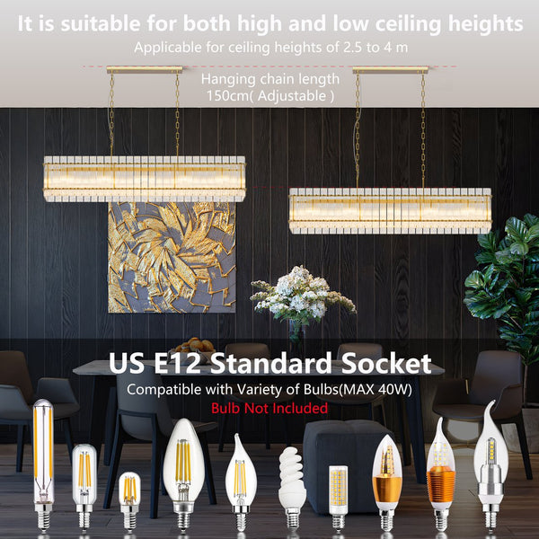 English Elm Modern Rectangular Crystal Glass Chandelier – 10-Light Gold Pendant Fixture For Dining & Living Spaces W1340P332562