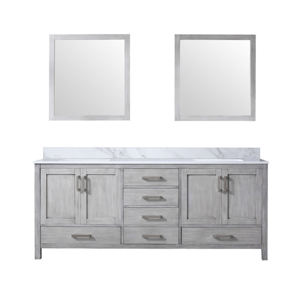 English Elm Distressed Grey Double Bath Vanity With Carrara Marble Top & Mirrors - Elegant Storage Solution B2731S00842