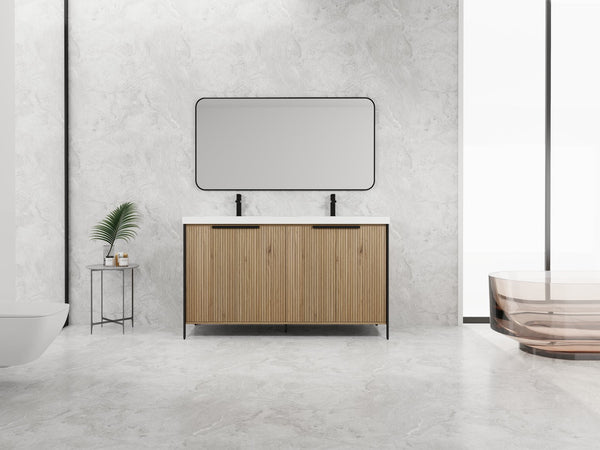 English Elm 60" Freestanding Bathroom Vanity with Double Resin Sink, Soft-Close Doors, Adjustable Shelves, Water-Resistant Finish W999S00383