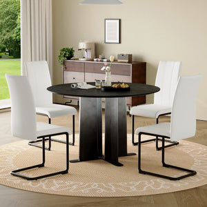 English Elm Modern Round Pedestal Dining Set Five Piece Pu Leather Chairs for Compact Spaces W3875S00074