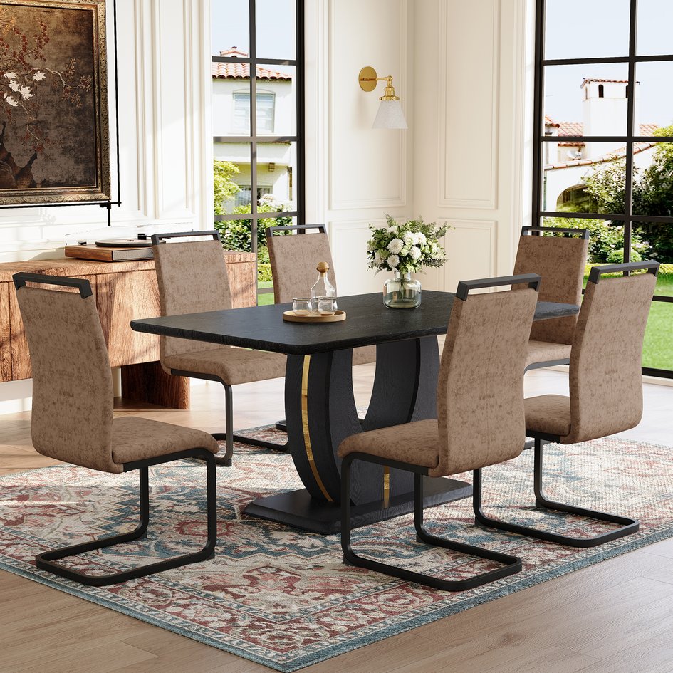 English Elm Table and Chair Set Seats 10 with Marble Mdf Top Brown Fabric Dining Chairs W1151S04444