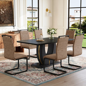 English Elm Table and Chair Set Seats 10 with Marble Mdf Top Brown Fabric Dining Chairs W1151S04444