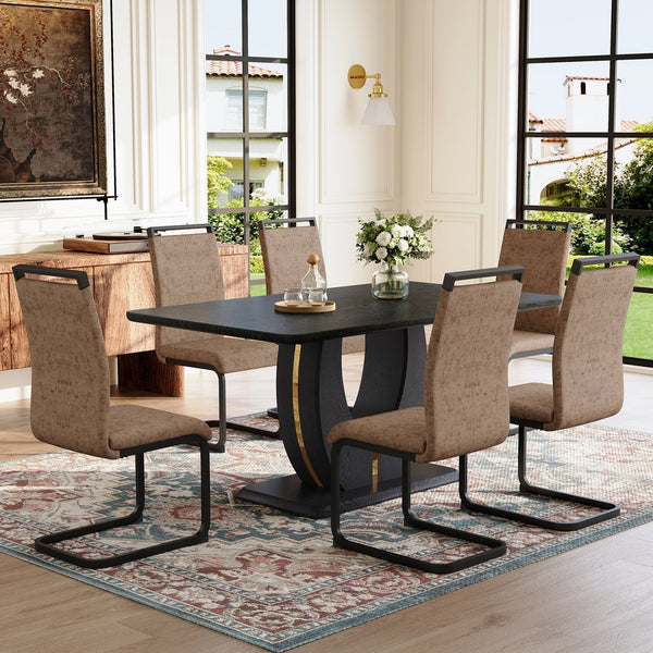 English Elm Table and Chair Set Seats 10 with Marble Mdf Top Brown Fabric Dining Chairs W1151S04444