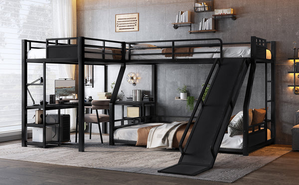 English Elm L-Shaped Metal Bunk Bed With Slide, Twin Loft, Desk & Storage Shelves - Space-Saving Design In Black! W1580S00278
