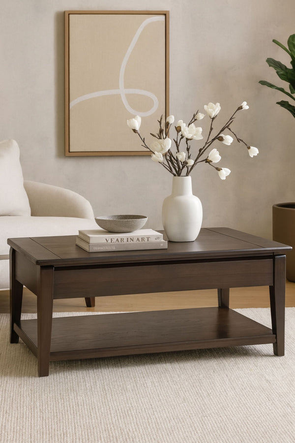 English Elm Cocktail Mahogany Lift-Top Table with Casters, Hidden Storage & Lower Shelf—Elm Veneer Solid Wood B2699P373658