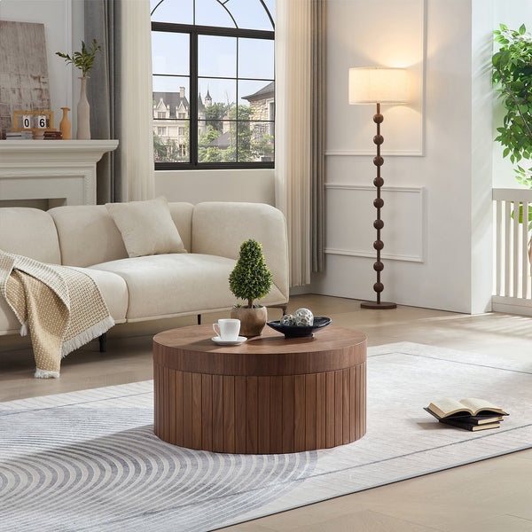 English Elm Round Wood Grain Coffee Table with Rotating Top and Hidden Storage for Modern Living Walnut W2085P399013