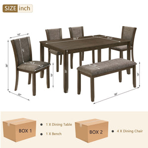 English Elm 6-Piece Rustic Dining Table Set With Bench & Chairs For 6, Dark Walnut Finish, Farmhouse Charm W1998S00086