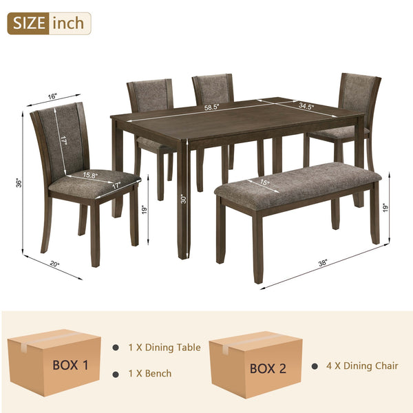 English Elm 6-Piece Rustic Dining Table Set With Bench & Chairs For 6, Dark Walnut Finish, Farmhouse Charm W1998S00086