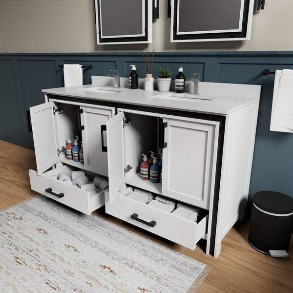 English Elm White Double Bath Vanity 60 in W x 22 in D with White Quartz Countertop, Chrome Faucet & Mirrors B2731S01126