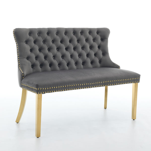 English Elm Velvet Wingback Dining Bench Tufted Two Seat Mid Century Modern Brushed Steel Base Gray W1143P406978